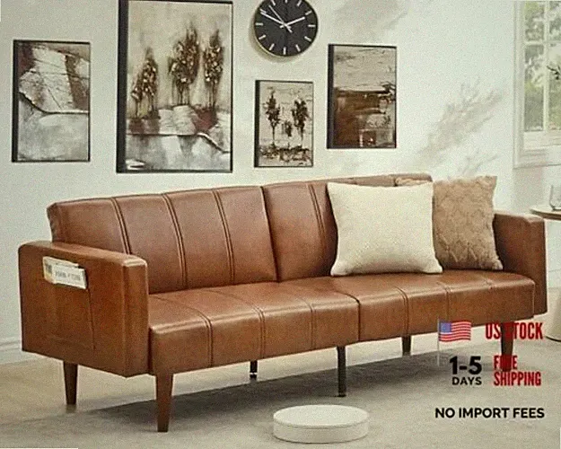 75" Convertible Futon Sofa Bed, Mid-Century Modern PU Leather Couch with Brown