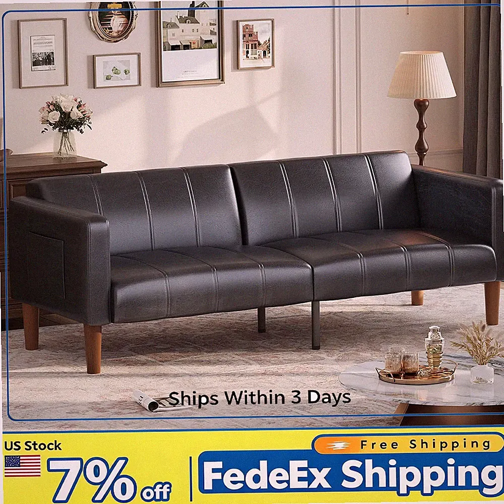 75" Convertible Sofa Bed, Faux Leather Loveseat Sleeper with Adjustable Backrest