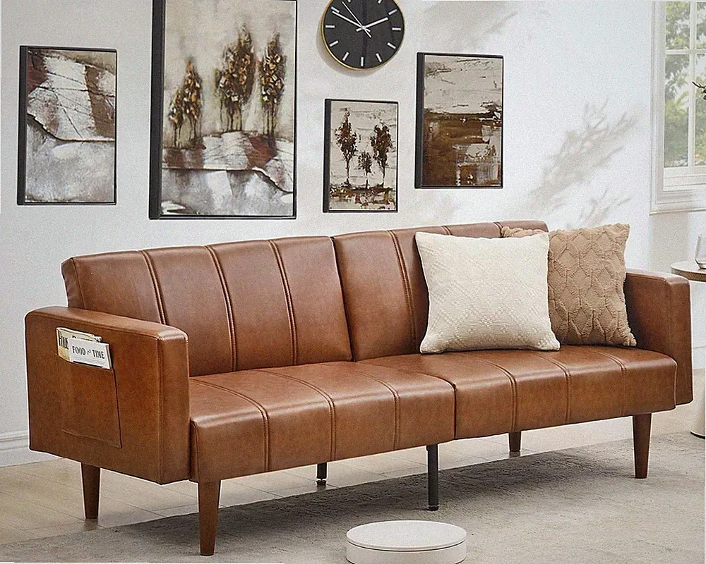 75" Convertible Sofa Bed,Mid-Century Modern PU Leather Couch Adjustable Backrest