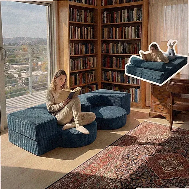 75" Convertible Sofa Bed, Twin Size Futon with Washable Velvet Cover, Blue