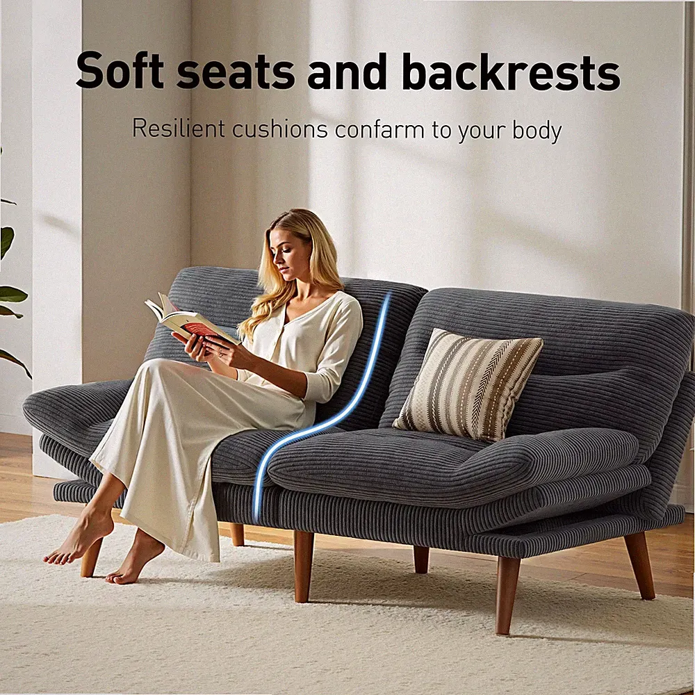 75" Corduroy Futon Sofa Bed, Gray Convertible Couch with Adjustable Backrest...