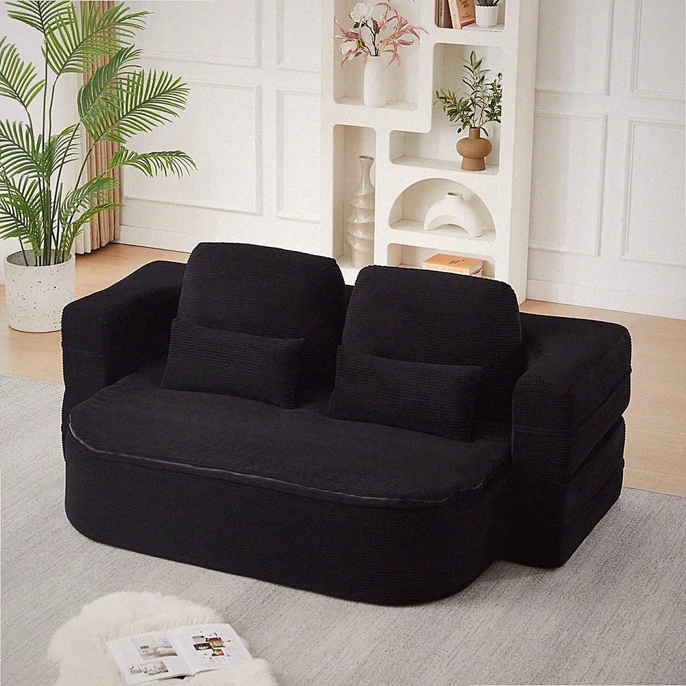 75" Foldable Sofa Bed, 2-in-1 Corduroy Floor Sleeper with Blanket