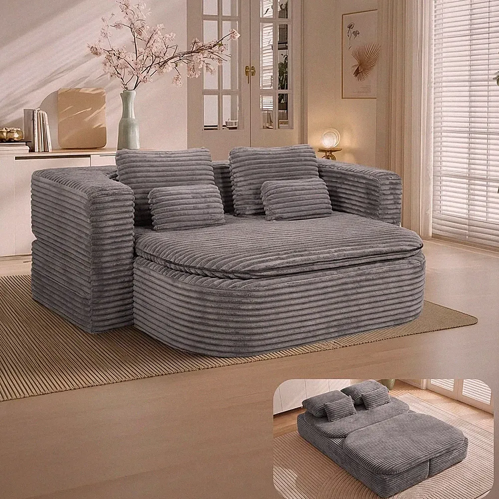 75" Folding Sleeper Sofa Bed Memory Foam Floor Couch with 4 Pillows, Gray