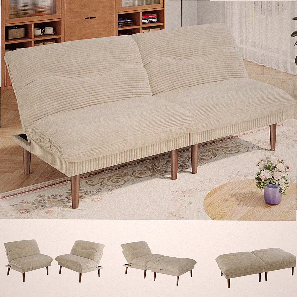 75" Futon Convertible Sofa Bed Corduroy Loveseat Sleeper Couch Living Room Beige