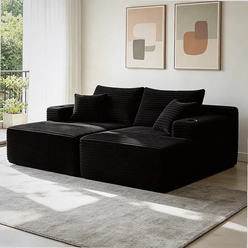 75" L-Shape Sectional Sofa with Double Chaise, Plush Fabric, Black