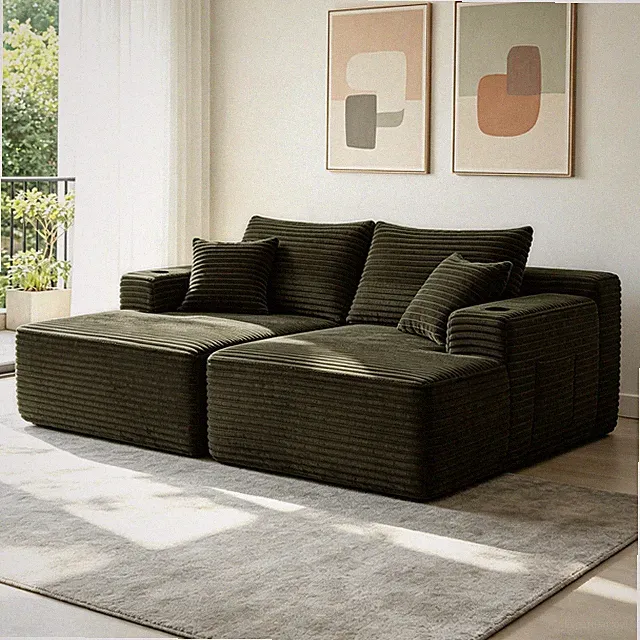 75" L-Shape Sectional Sofa with Double Chaise, Plush Fabric, Green