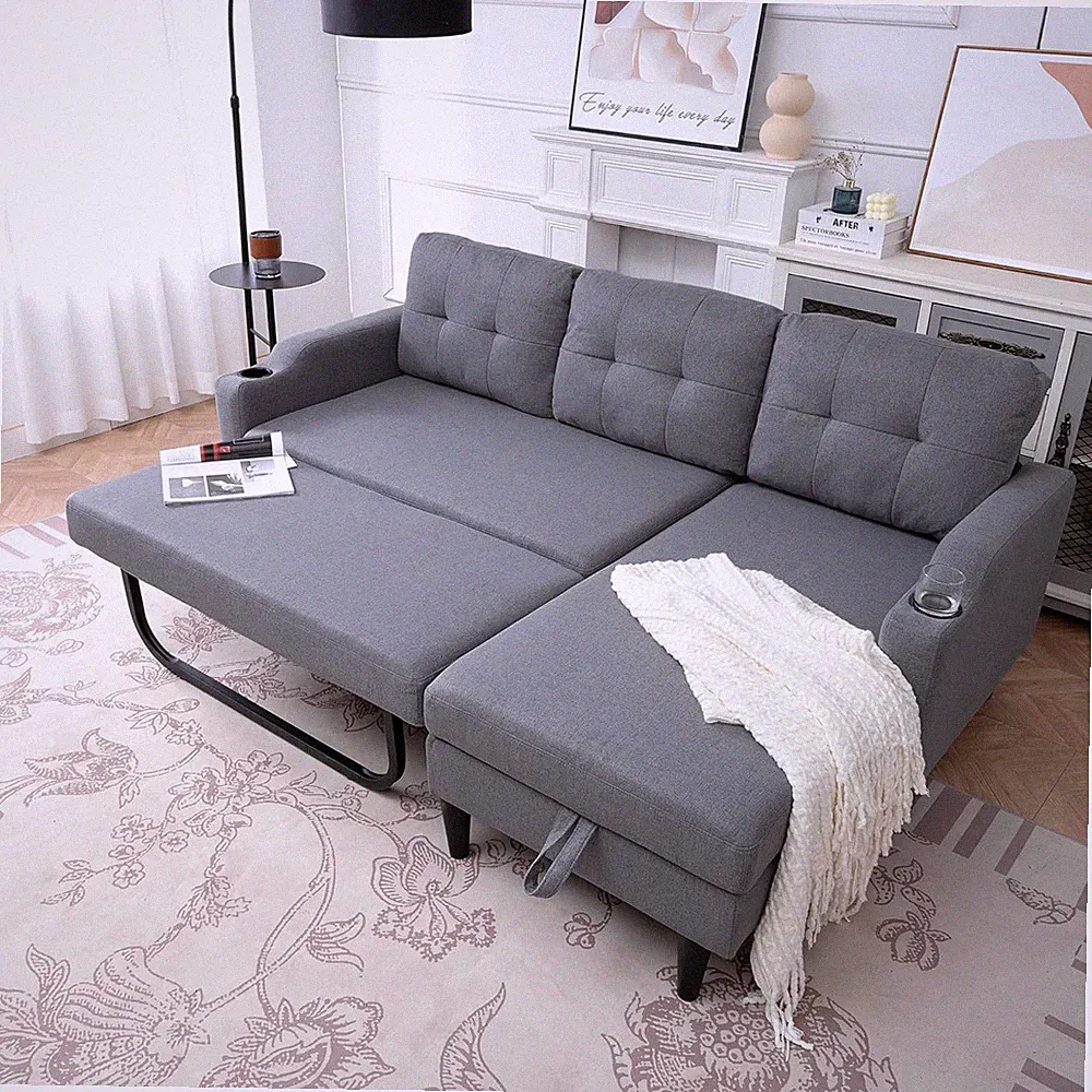 75" L-Shaped Sleeper Sofa Bed with Storage Chaise & Cup Holders, Grey
