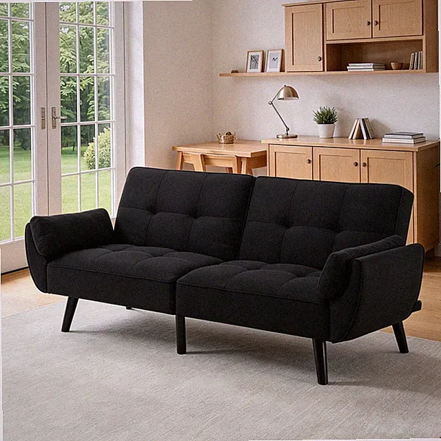 75" Modern Classic Futon Sofa Bed Black Linen Folding Reclining Split-Back