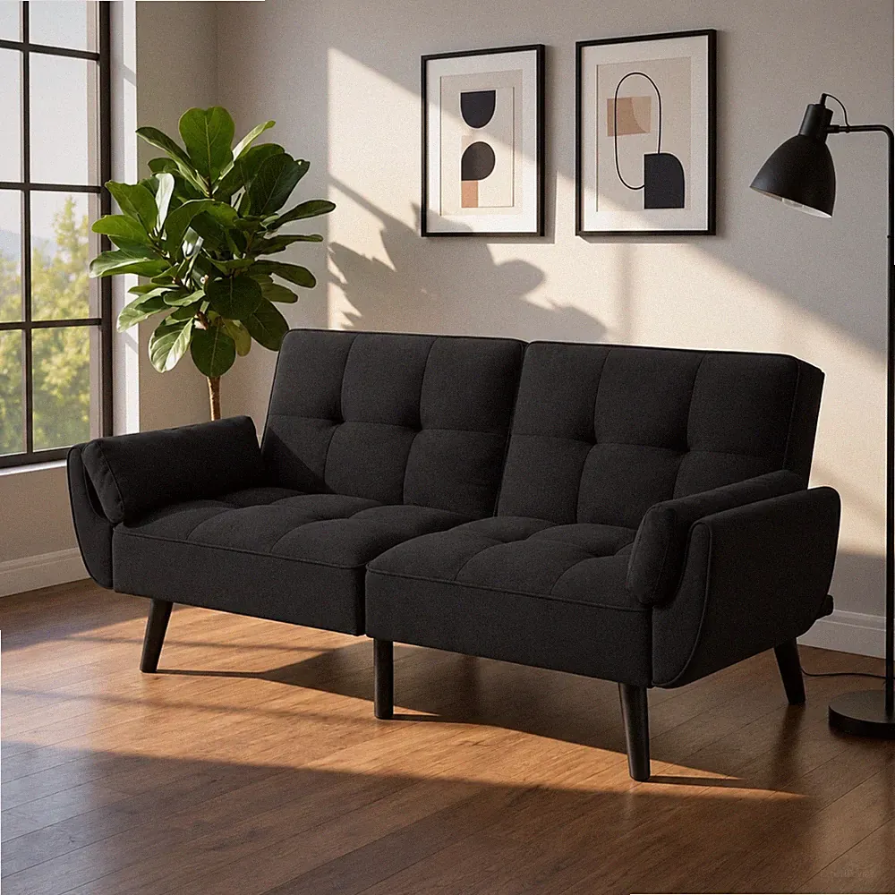 75" Modern Linen Futon Sofa Bed Black Tufted Foldable Convertible Split-Back