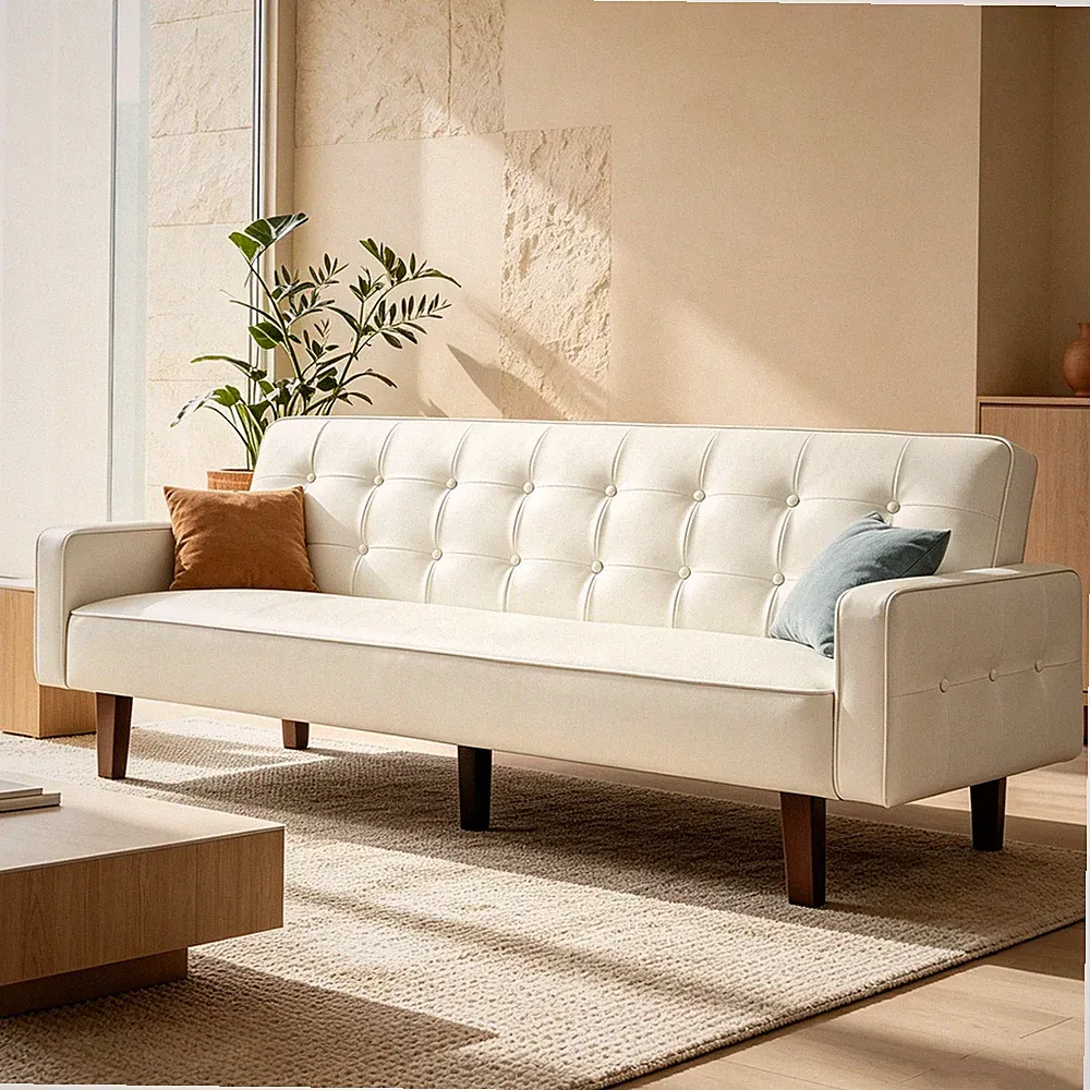 75" Modern Tufted Leather Futon Sofa Bed White 3-in-1 Folding Convertible