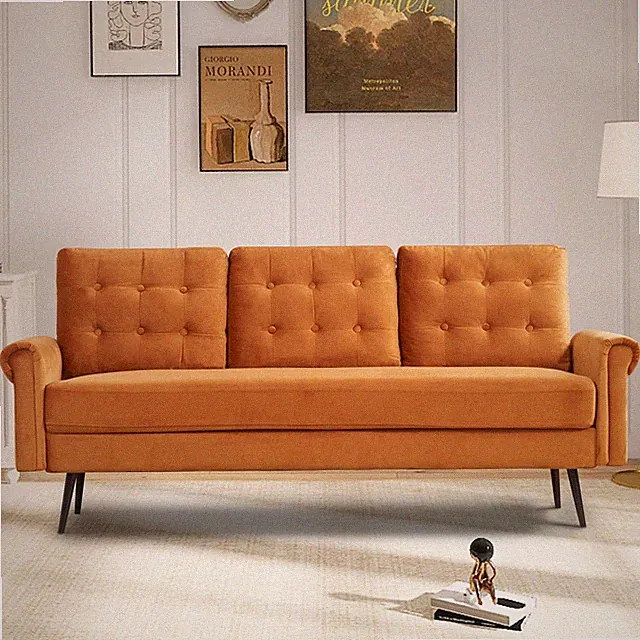75" W Linen Sofa Couch Modern Curved Armrest Button Tufted Loveseat Ginger