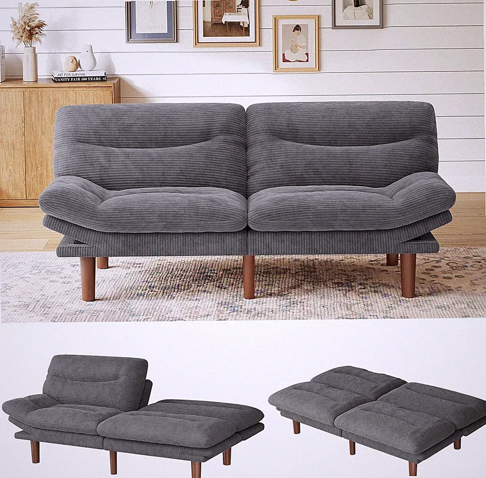 75in Futon Sofa Bed Convertible Corduroy Sleeper Sofa Loveseat Adjustable Grey