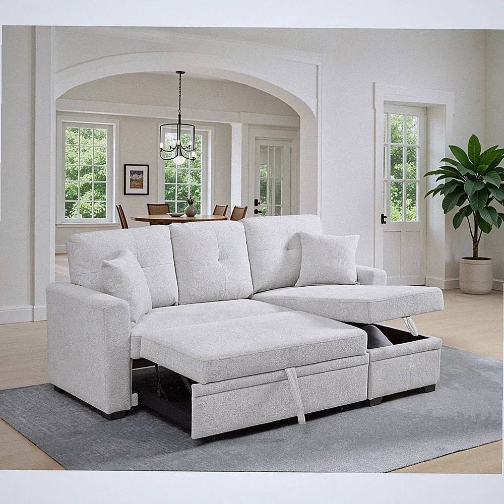 76.5" Linen Blend Sectional Sofa Bed with Chaise and Storage