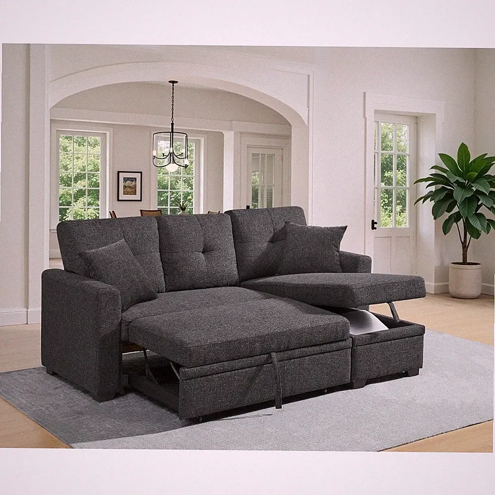 76.5" Linen Blend Sectional Sofa Bed with Chaise & Storage