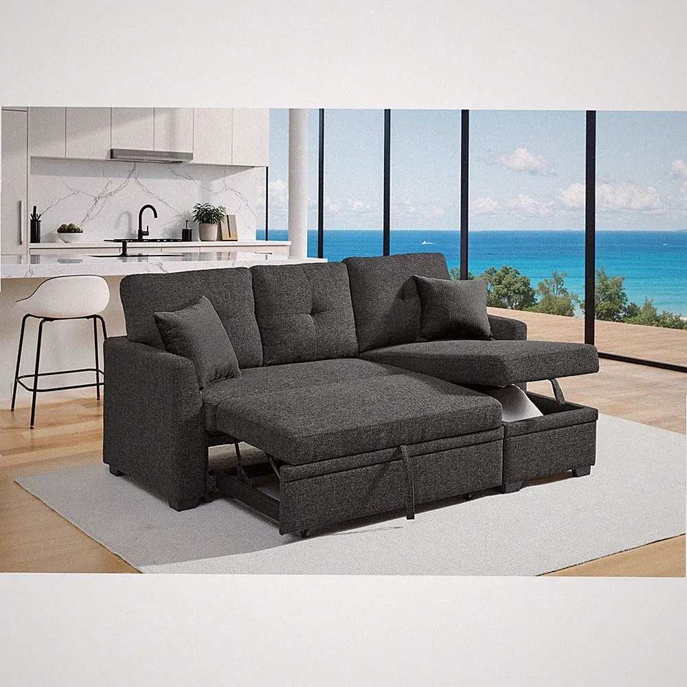 76.5" Linen Blend Sectional Sofa with Pull-Out Bed & Chaise Storage