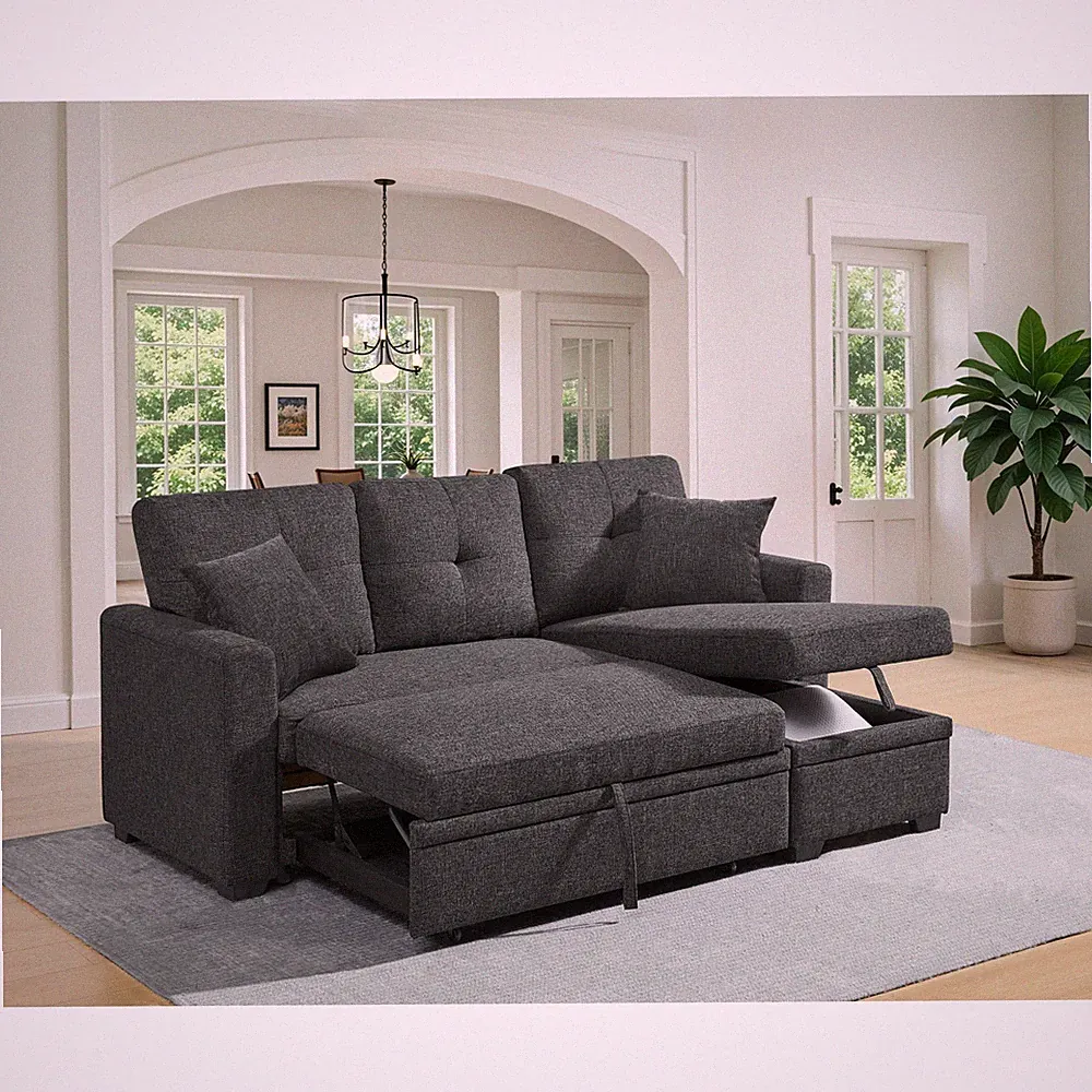 76.5" Linen Blend Upholstered Sectional with Pull-Out Bed and Chaise Storage