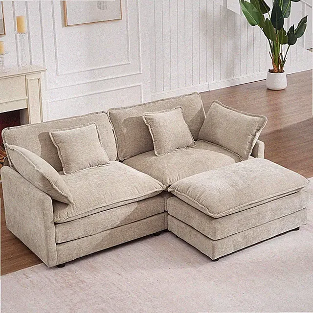 76.7" Camel Small L Shaped Cloud Couch Loveseat Sofa with Ottoman | Modular