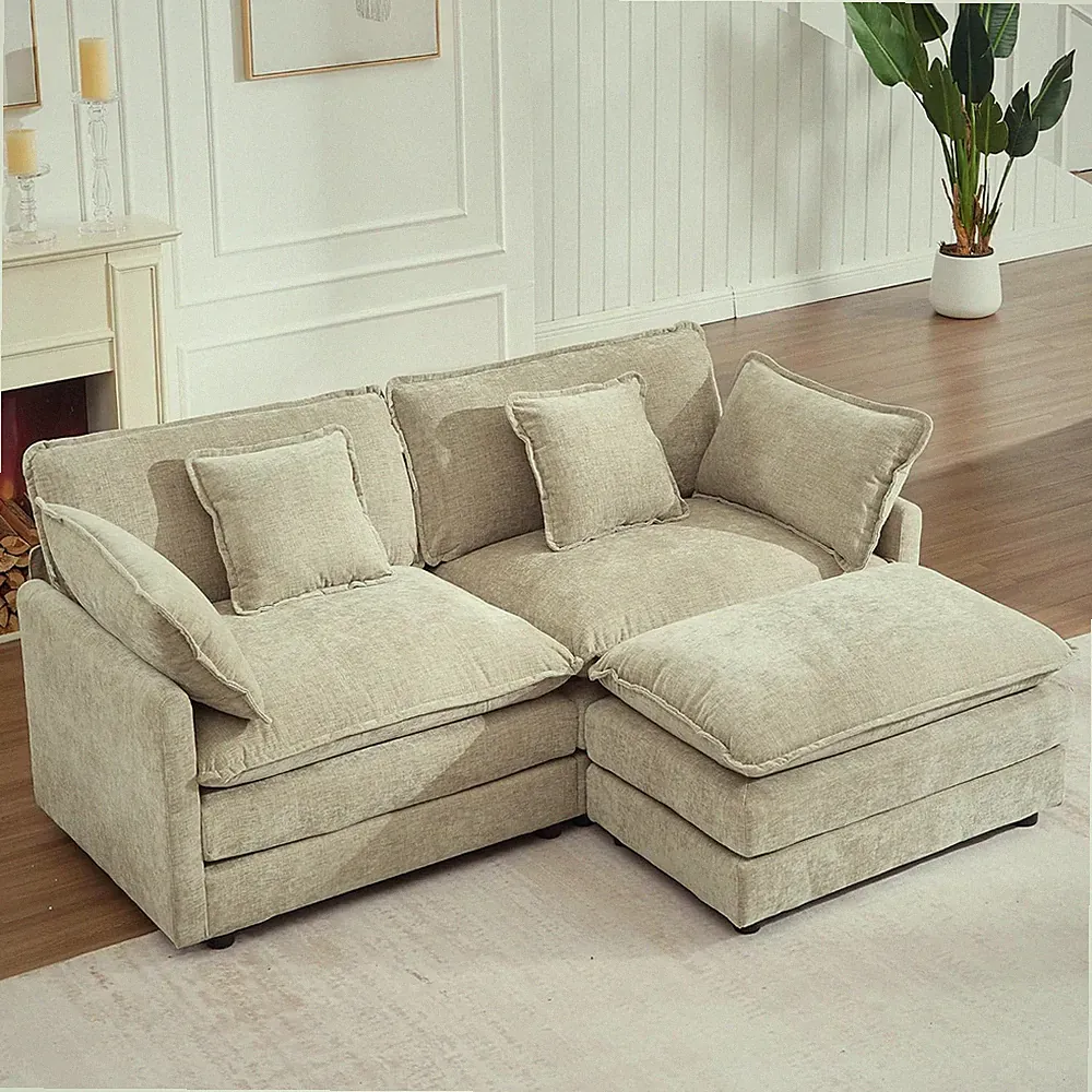 76.7" L Shaped Sectional Sofa with Ottoman Chenille Cloud Couch, Camel Beige