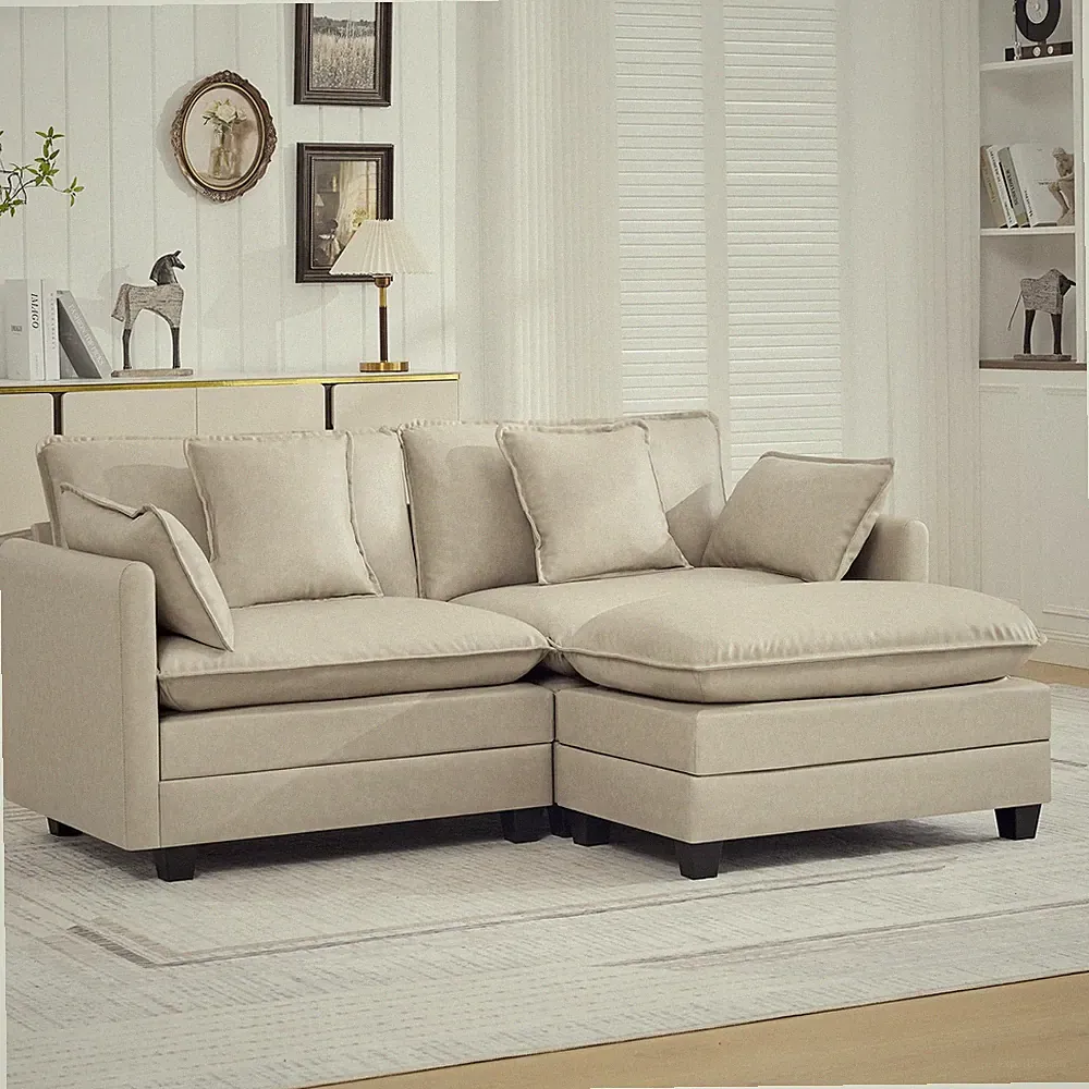 76'' Cloud Deep Seat Leather Loveseat Modular Sectional Sofa with Ottoman Beige