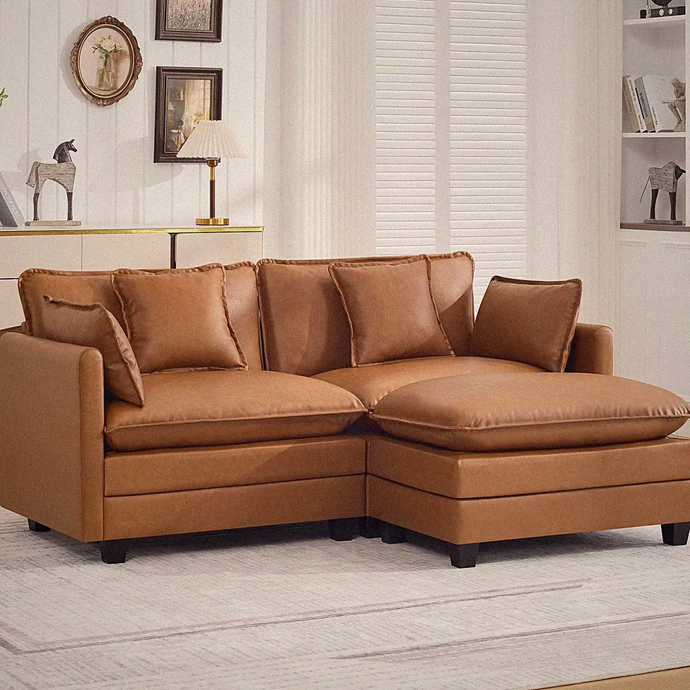 76" Cloud Deep Seat Leather Loveseat Sectional Sofa w/ Ottoman Light Brown