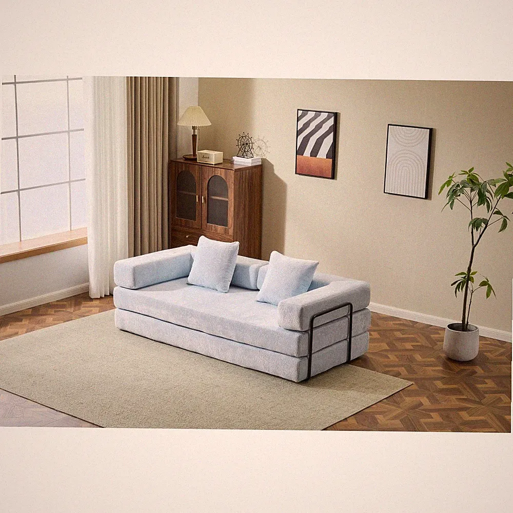 76" Convertible Floor Sofa Bed, Light Blue Chenille, Pillow Back Armrest