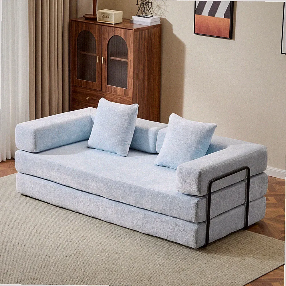 76" Convertible Floor Sofa Bed, Light Blue Chenille, Pillow Back Armrest