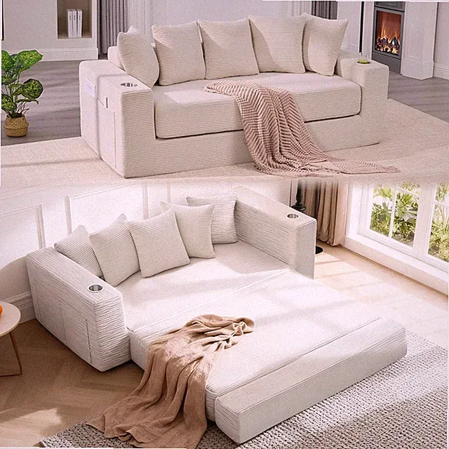 76" Convertible Sofa Bed Corduroy Boneless Couch W/ Cup Holders & Pocket 2-in-1