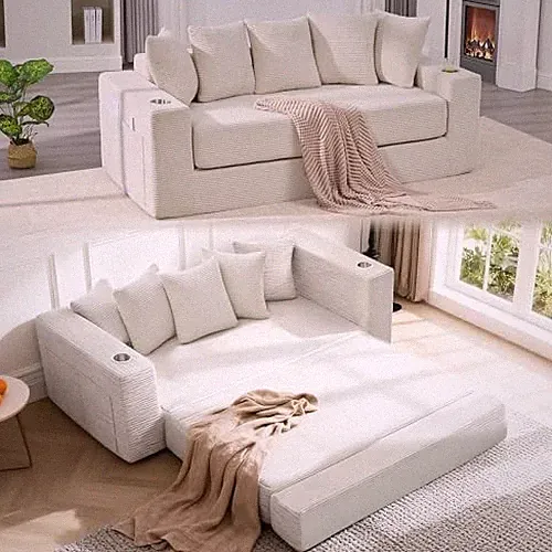 76" Convertible Sofa Bed, Corduroy Boneless Couch with Cup Holders & Pocket
