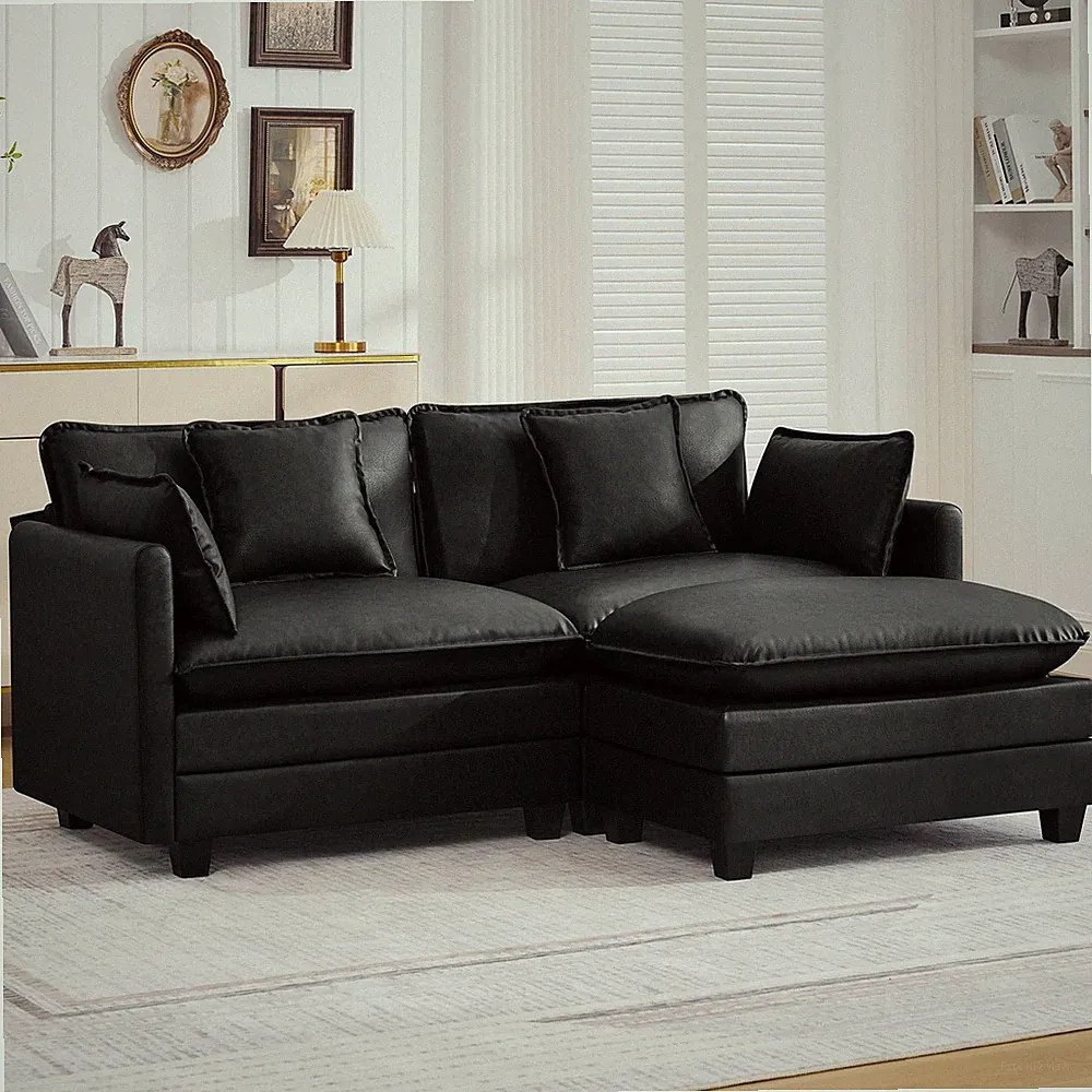 76 Inch Cloud Deep Seat Leather Modular Loveseat Sectional Sofa Ottoman Black
