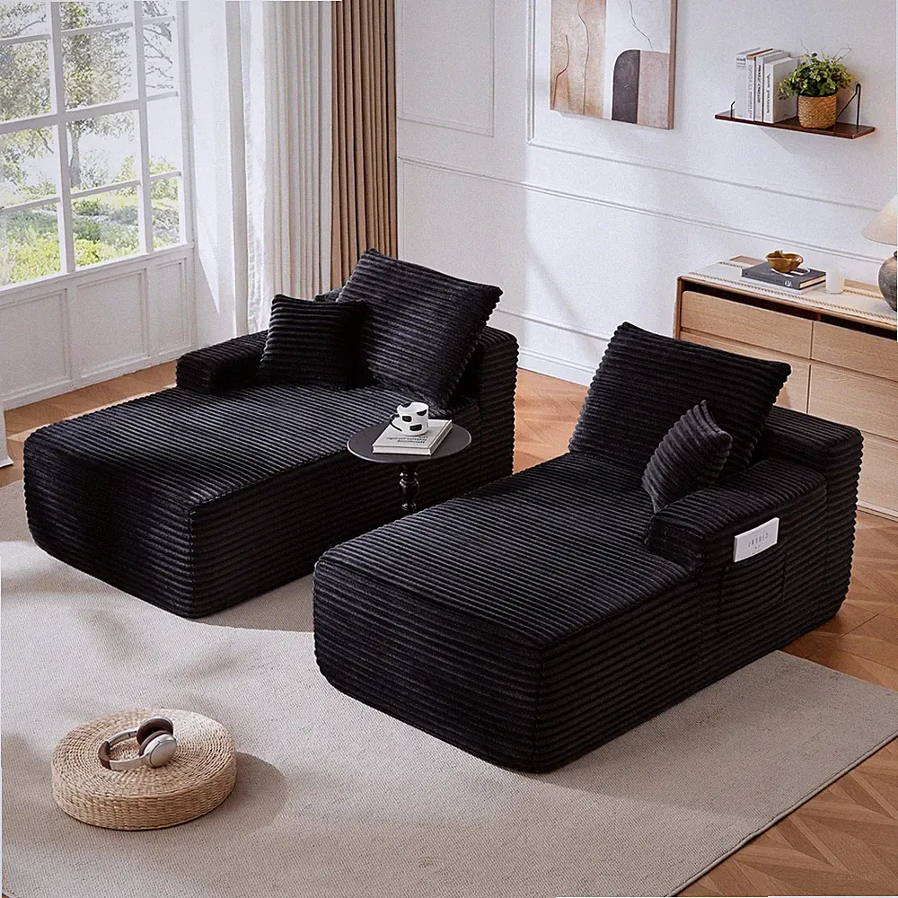76" L-Shape Cloud Sectional Sofa with Double Chaise, Plush Fabric, Black