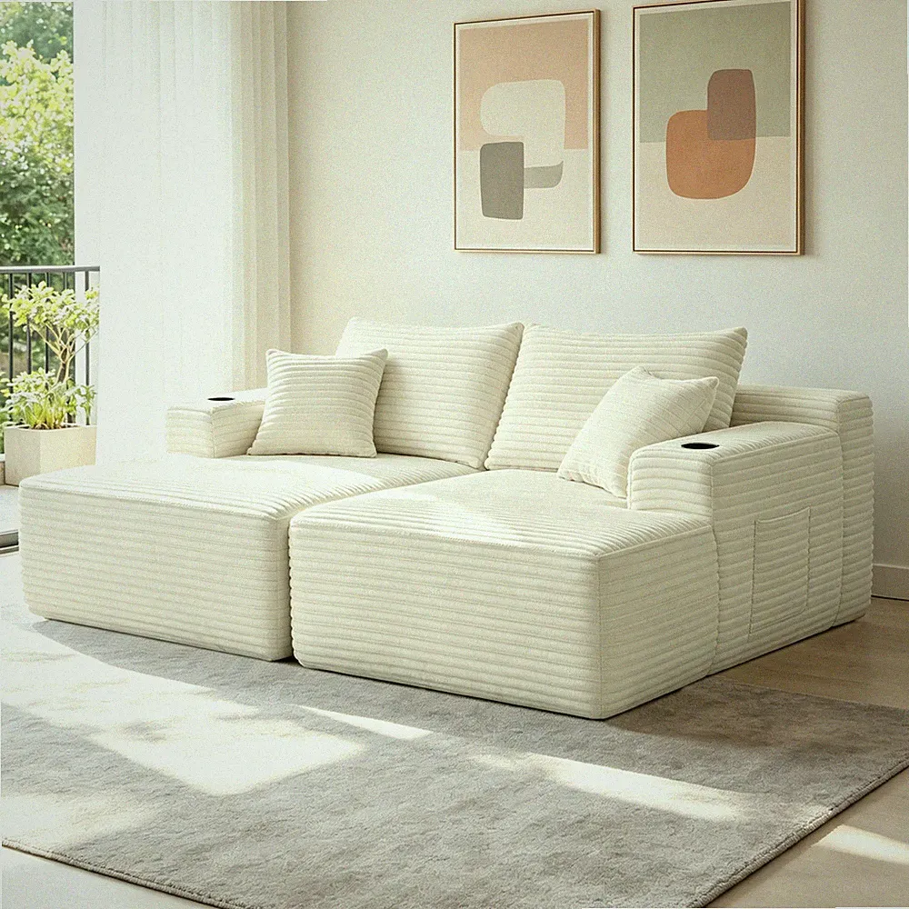 76" L-Shape Sectional Sofa with Double Chaise & Cup Holder, Beige White