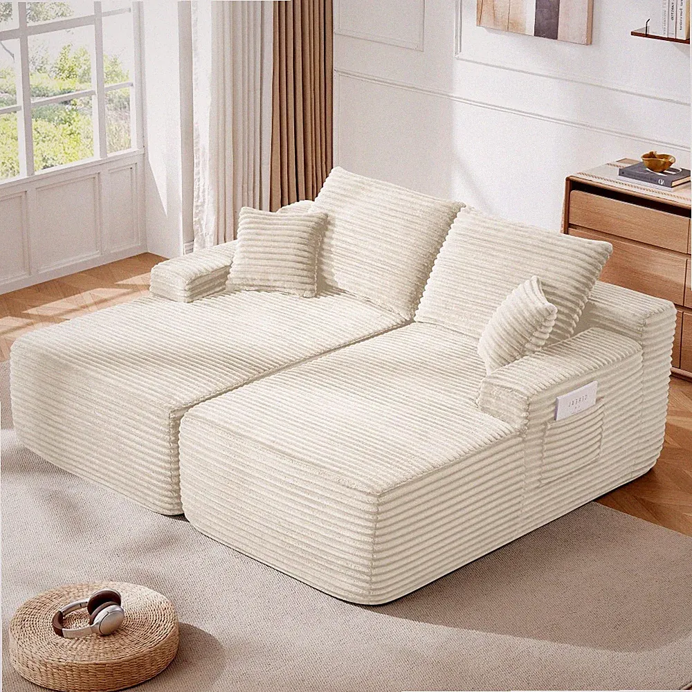 76" L-Shape Sectional Sofa with Double Chaise, Plush Fabric, Beige