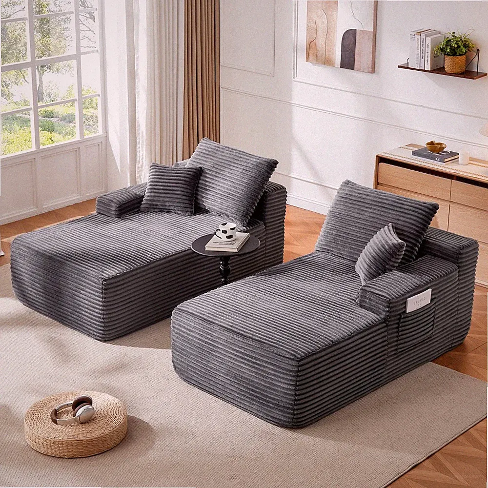 76" L-Shape Sectional Sofa with Double Chaise, Plush Fabric, Grey