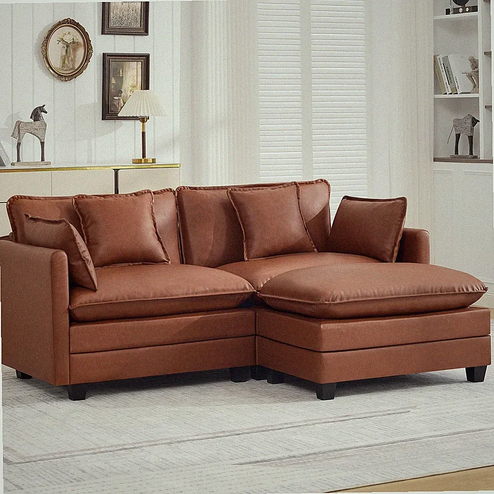 76 Leather Brown Deep Seat Modular Loveseat Sectional Sofa Movable Ottoman