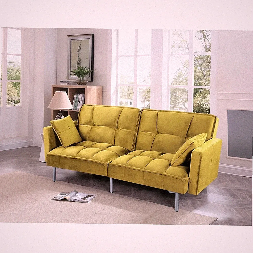 76" Mid-Century Retro Velvet Futon Sofa Bed Yellow Convertible Tufted Sleeper