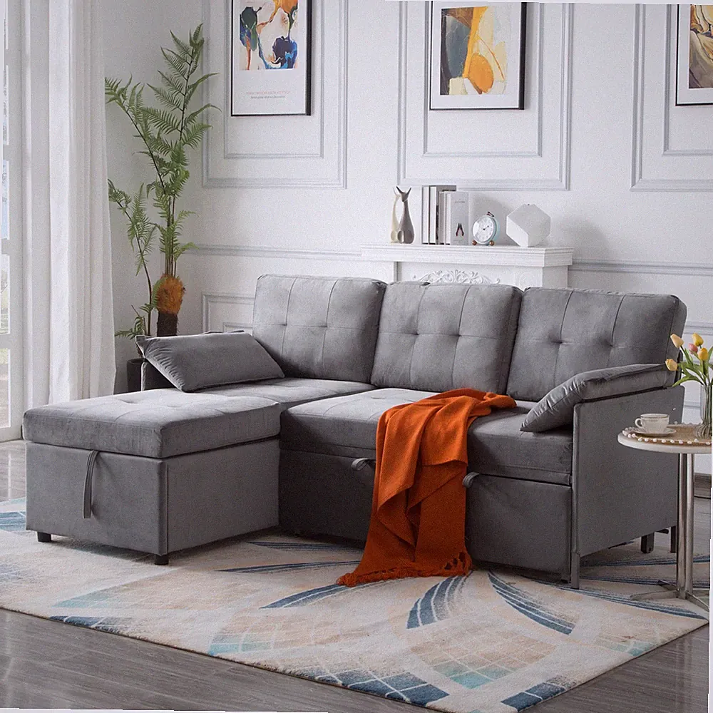 77.6" Reversible Sectional L-Shaped Sleeper Sofa W/Storage Reversible Chaise Bed