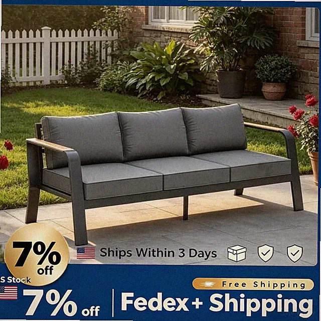 77.9 Inch Dark Grey 3-Seat Aluminum Patio Sofa with Cushions for Outdoor Garden