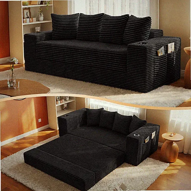 77" Boneless Convertible Sofa Bed, Corduroy Sleeper Couch w/ Cup Holders