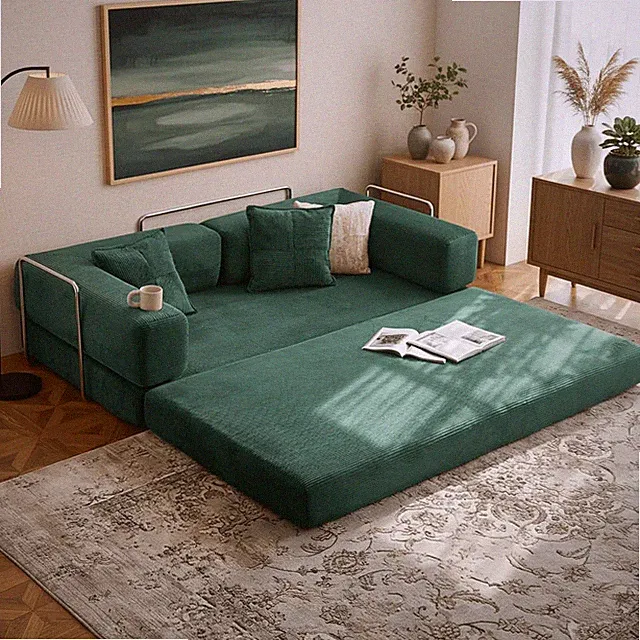 77" Dark Green Futon Sofa Bed with L-Shaped Armrests, Mattress Included