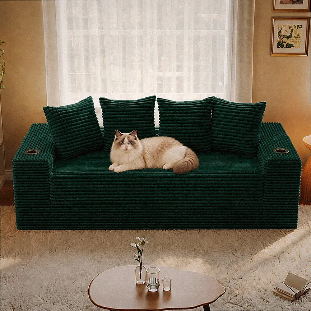 77" Frameless Boneless Sofa Bed Teddy Corduroy Convertible Sleeper Couch Storage