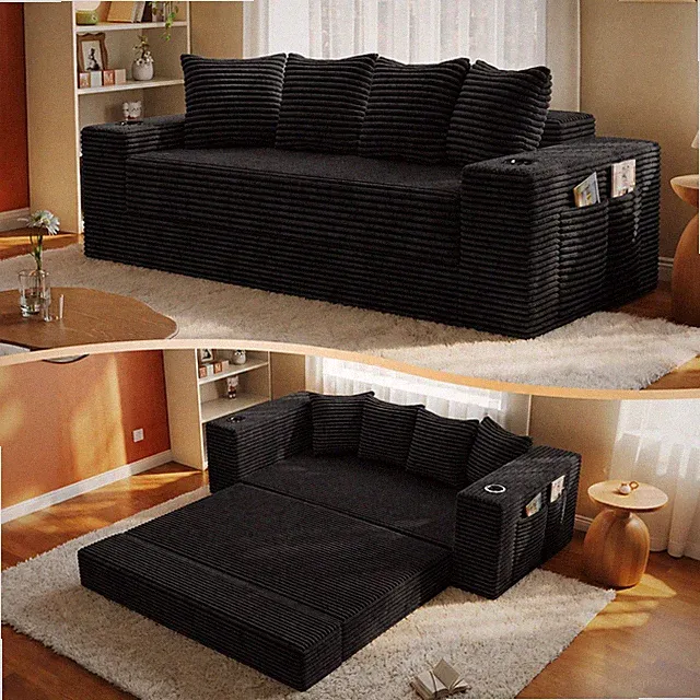 77" Frameless Sleeper Sofa Bed, Black Corduroy Floor Couch, 30D Foam, Cup Holder