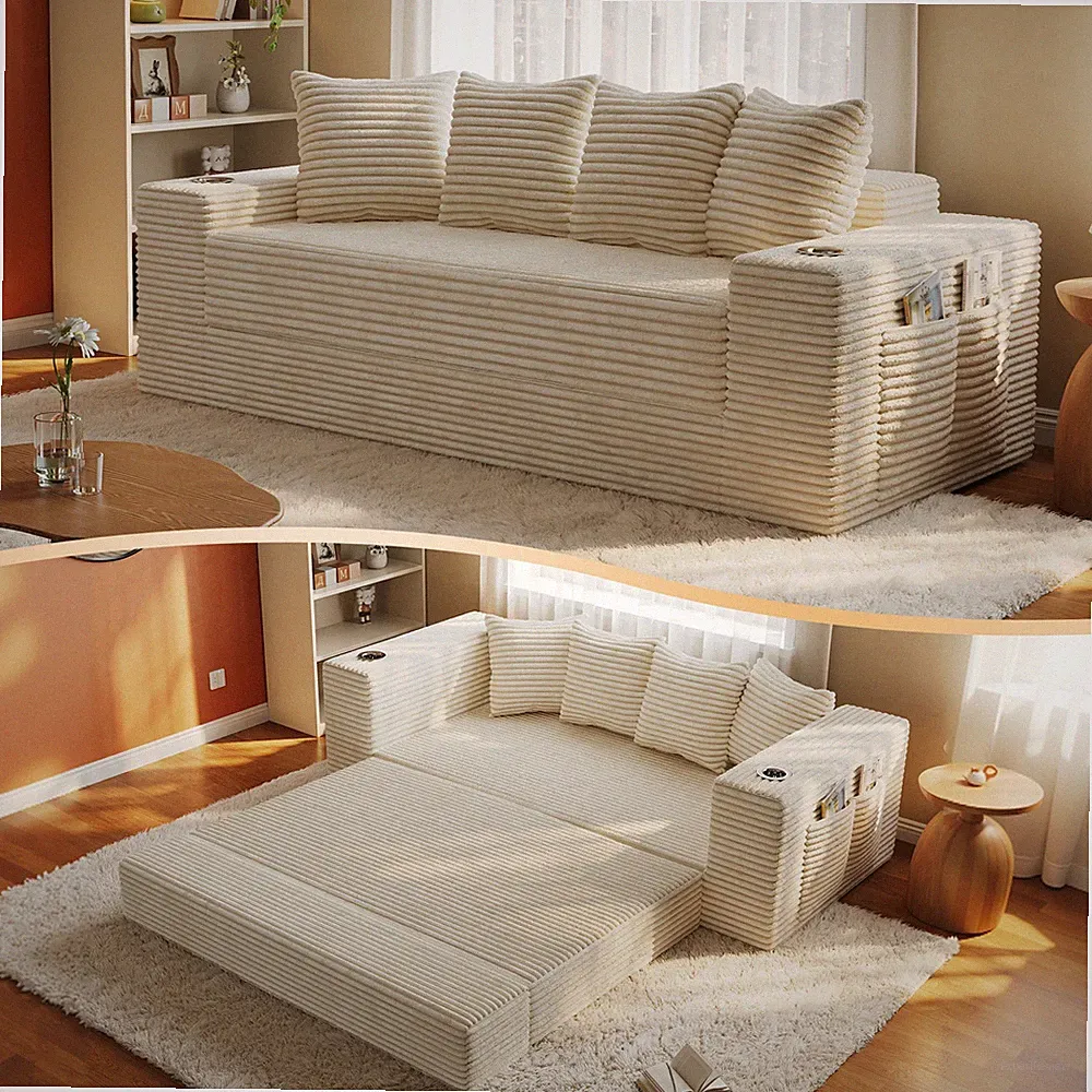 77" Frameless Sleeper Sofa Bed, Corduroy Floor Couch, 30D Foam, Cup Holders