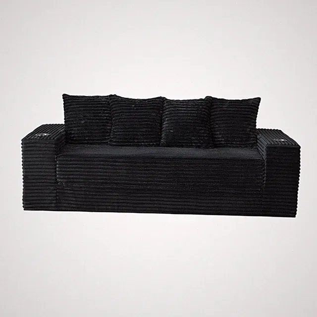 77" Frameless Sleeper Sofa Bed, Corduroy Floor Couch, 30D Foam, Cup Holders