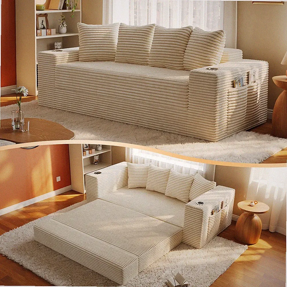 77" Frameless Sleeper Sofa Bed, Cream Corduroy Floor Couch, 30D Foam Cup Holders
