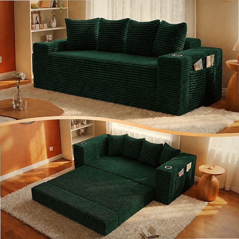 77" Frameless Sleeper Sofa Bed, Green Corduroy Floor Couch 30D High-Density Foam