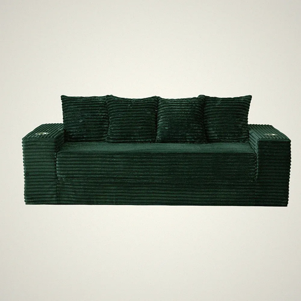77" Frameless Sleeper Sofa Bed, Green Corduroy Floor Couch 30D High-Density Foam
