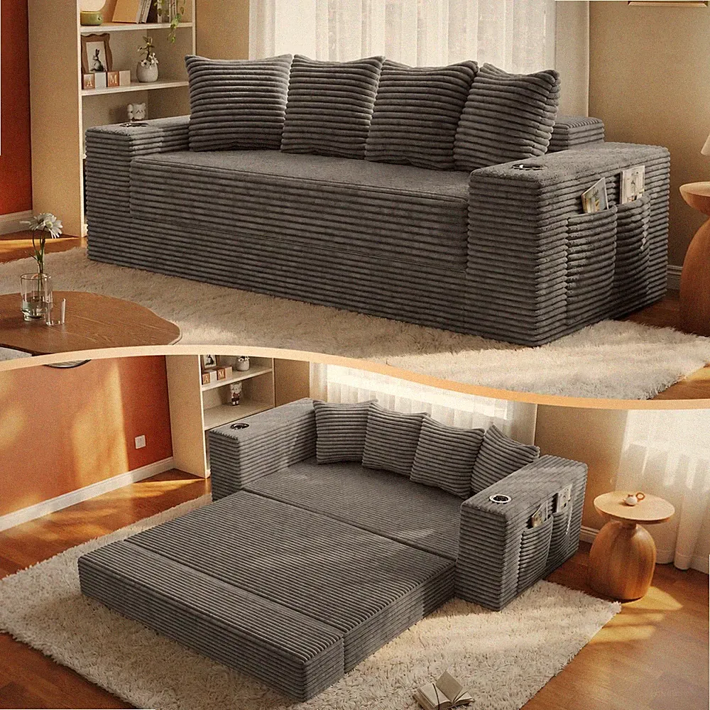 77" Frameless Sleeper Sofa Bed, Grey Corduroy Floor Couch, 30D Foam, Cup Holders