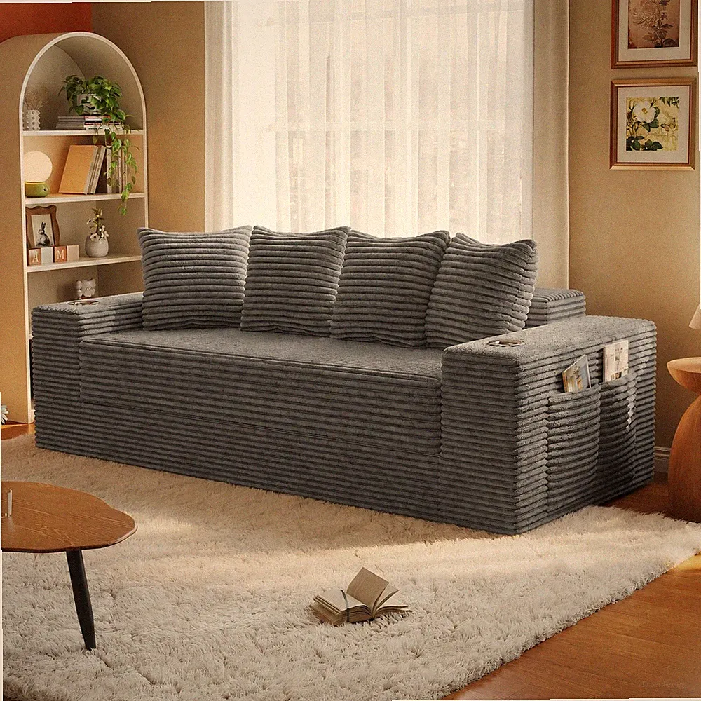 77" Frameless Sofa Bed, Teddy Corduroy Sleeper Couch w/ Cup Holders & Storage