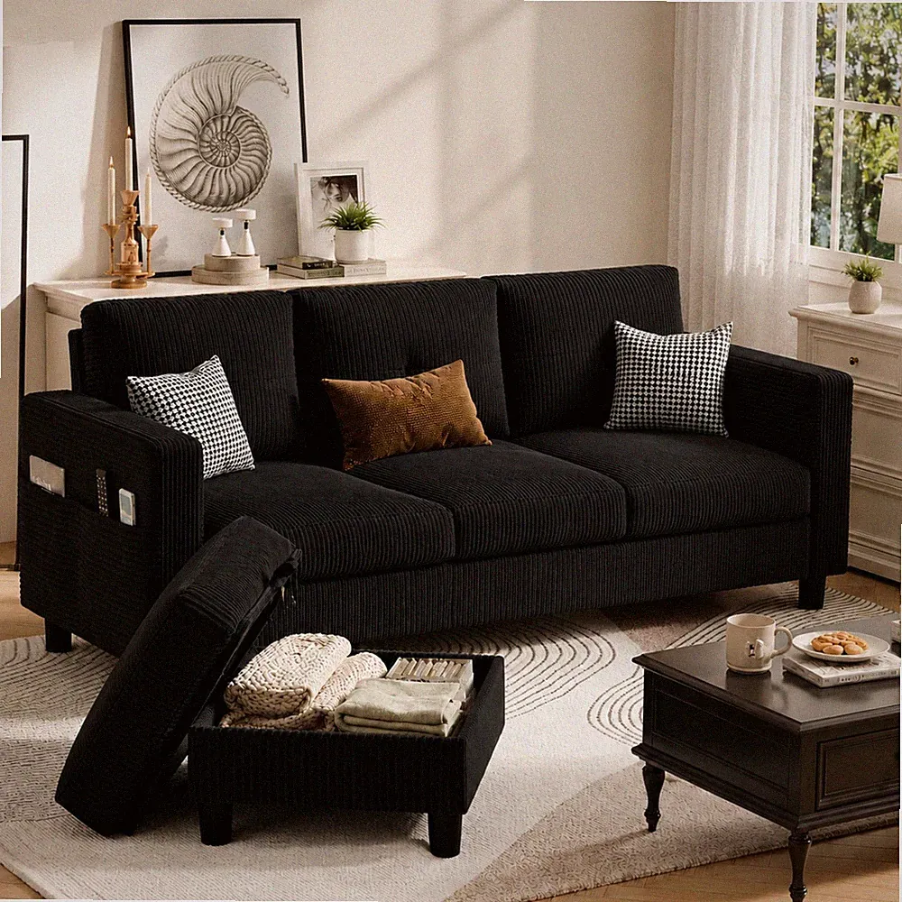 77 Inch Convertible Sectional Sofa for Small Spaces with Storage Ottoman