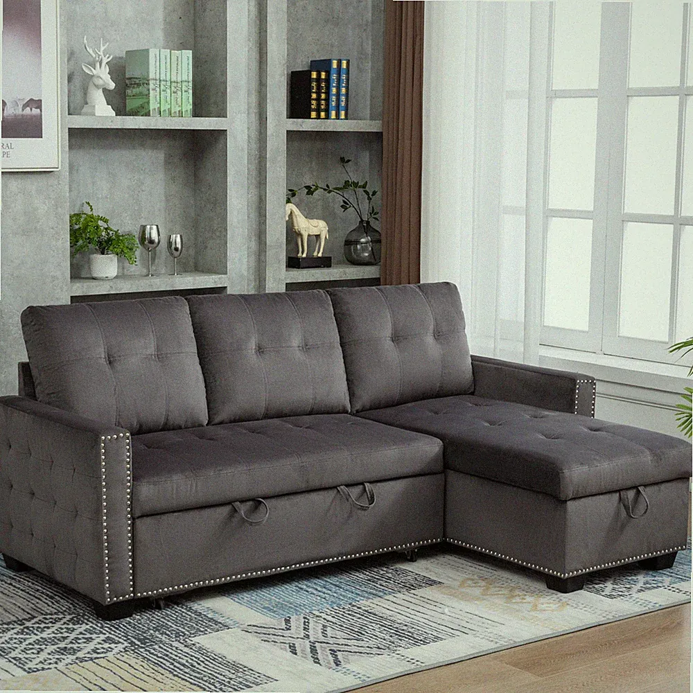 77 Inch Reversible Sectional Storage Sleeper Sofa Bed , L-Shape 2 Seat Section